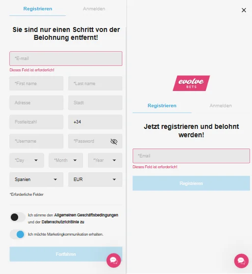 Evolve Casino Registrierung